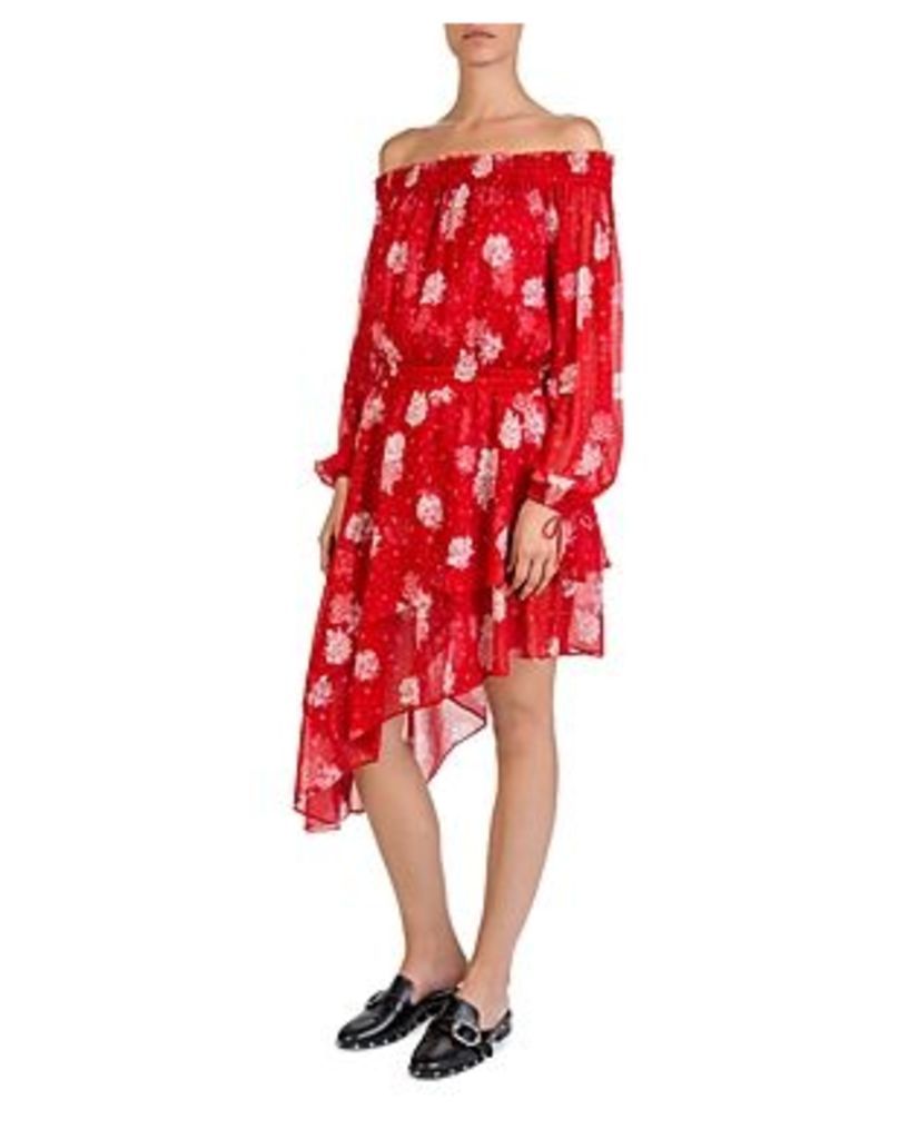 The Kooples Silk Off-the-Shoulder Rose-Print Dress