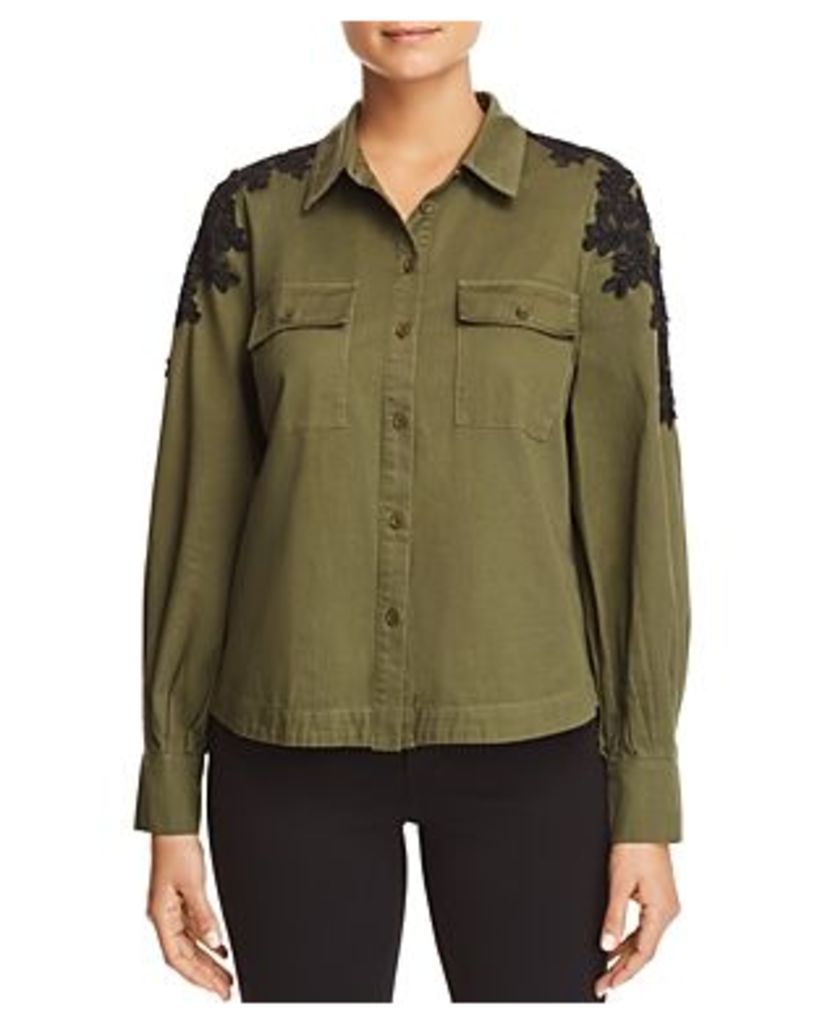 Marled Lace-Shoulder Military Top