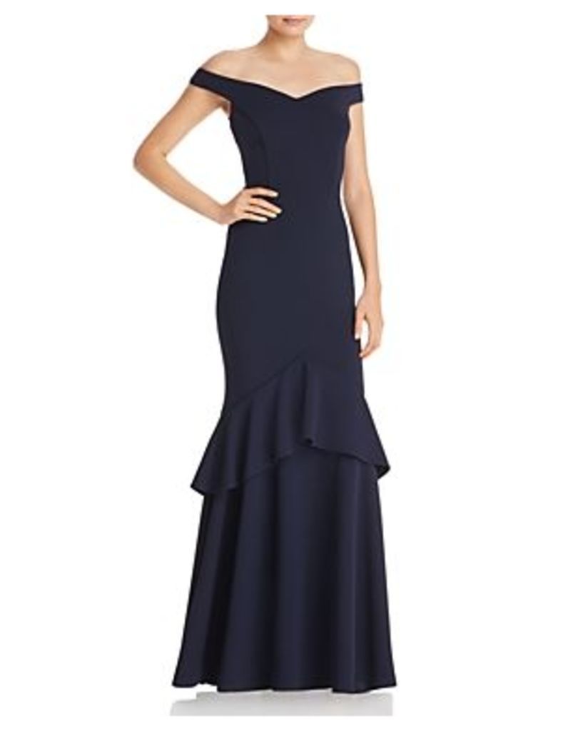 Aqua Off-the-Shoulder Tiered Crepe Gown - 100% Exclusive