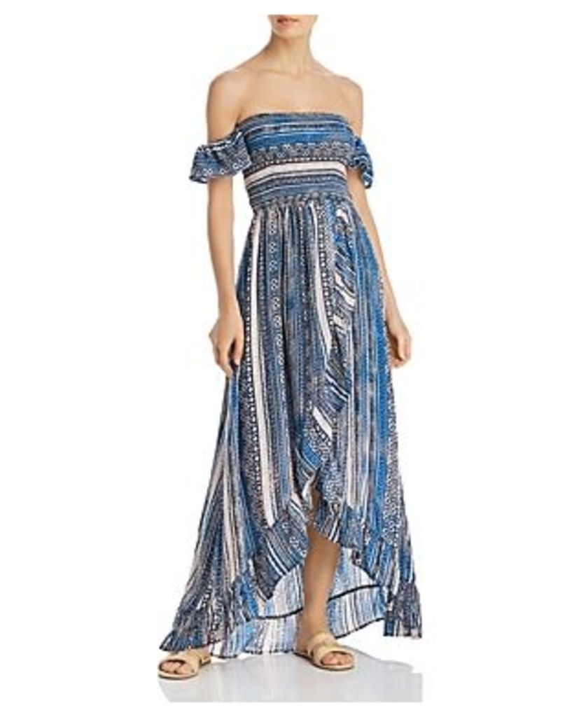 Off-the-Shoulder Smocked Bodice Ruffled Maxi Dress Swim Cover-Up