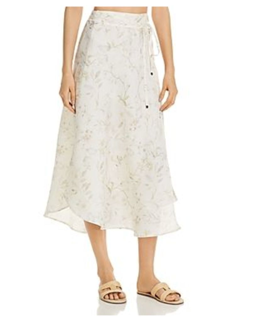 Three Dots Floral-Print Linen Midi Wrap Skirt
