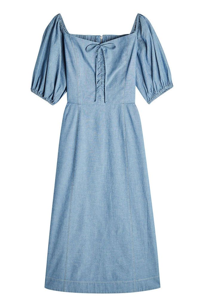 sea Denim Dress with Lace-Up Detail