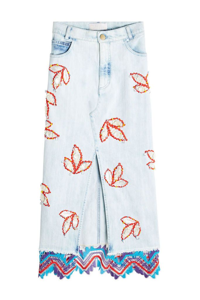 Peter Pilotto Embroidered Denim Front-Slit Skirt