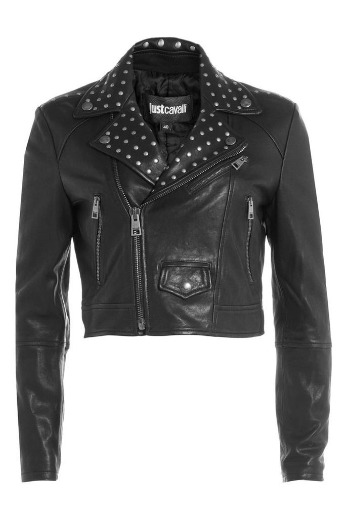 Just Cavalli Cropped Leather Jacket with Stud Embellishment