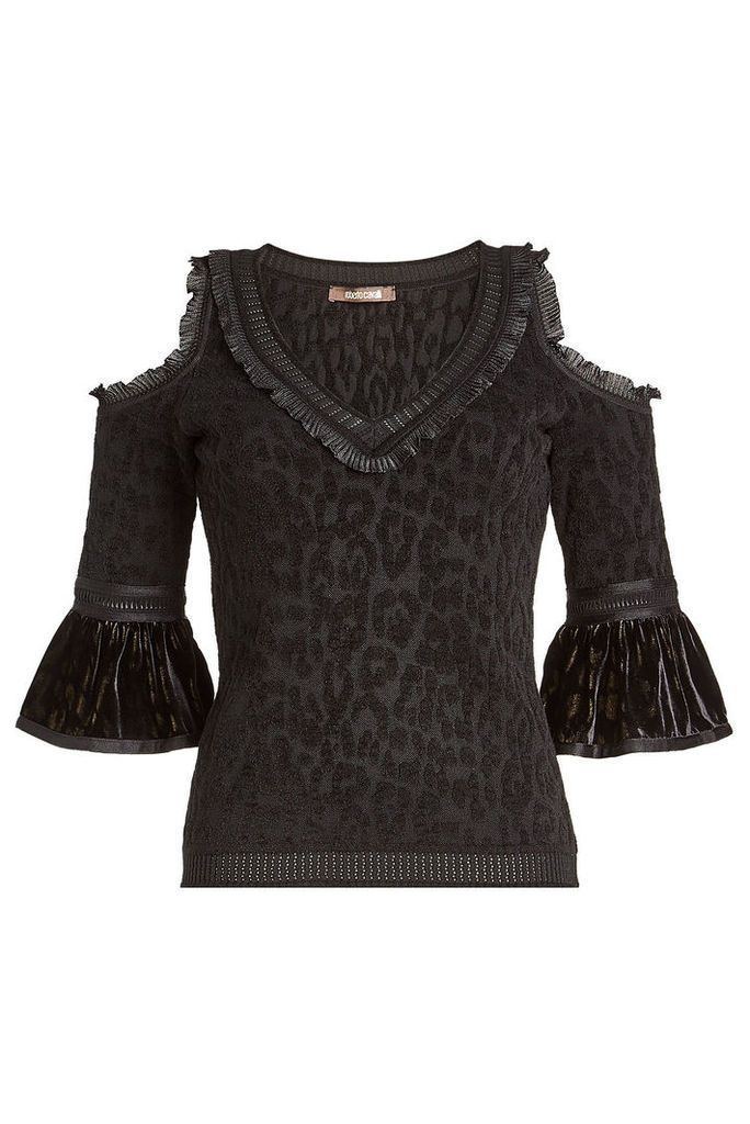 Roberto Cavalli Cold Shoulder Printed Top with Velvet and Wool