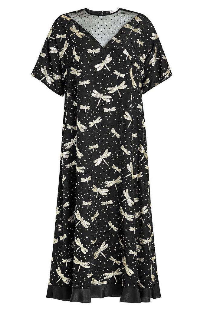 RED Valentino Printed Silk Dress with Point d'Esprit
