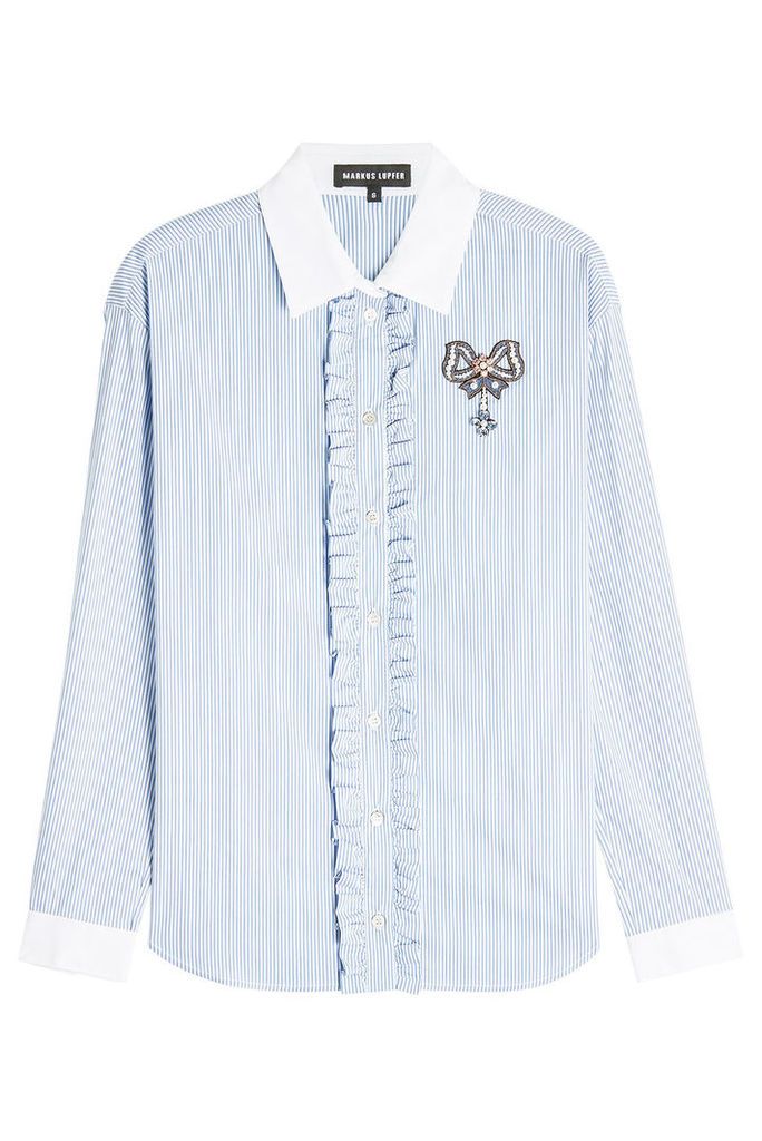 Markus Lupfer Pinstriped Shirt with Ruffles and Embellishment