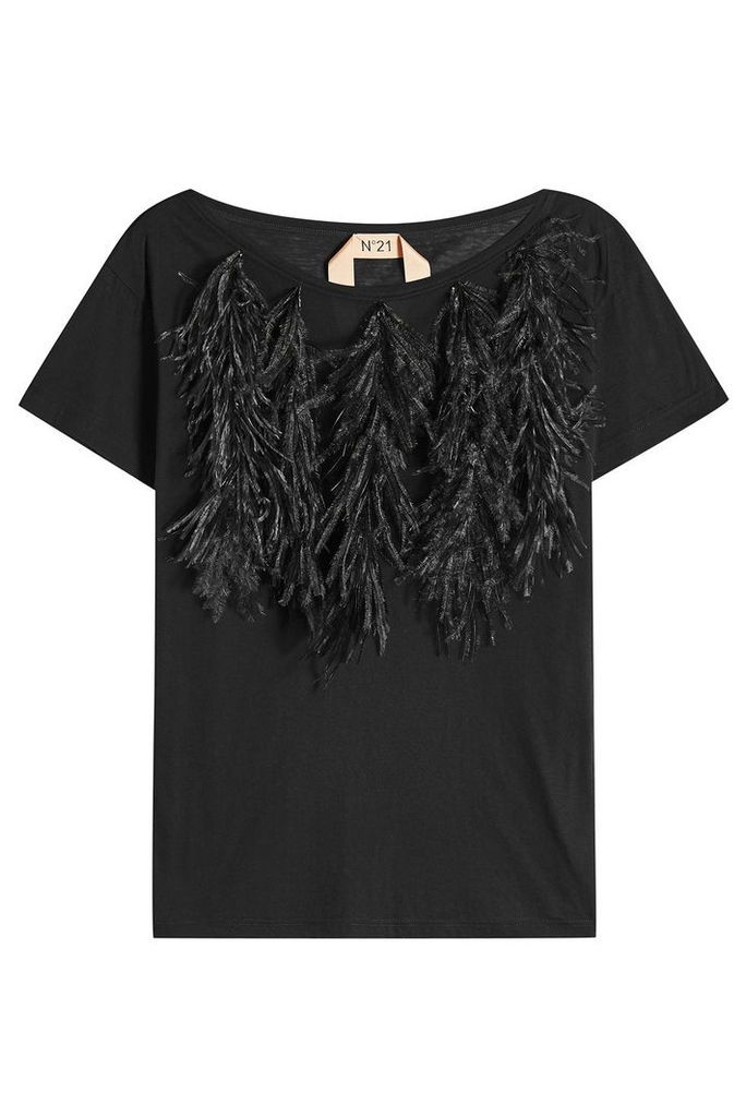 N °21 Cotton T-Shirt with Ostrich Feathers
