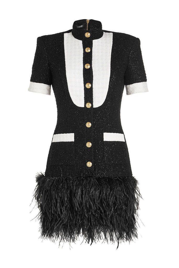 Balmain Metallic Tweed Dress with Ostrich Feathers