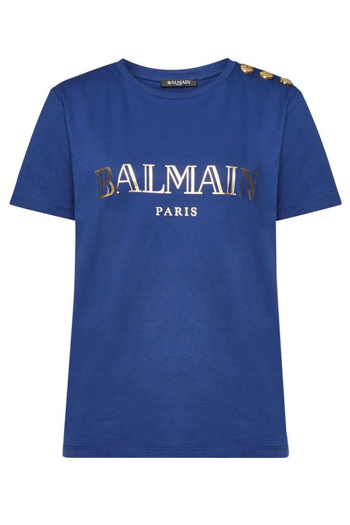Balmain Printed Cotton T-Shirt with Embossed Buttons