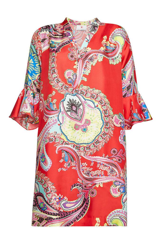 Herzensangelegenheit Paisley Print Silk Dress with Bell Sleeves