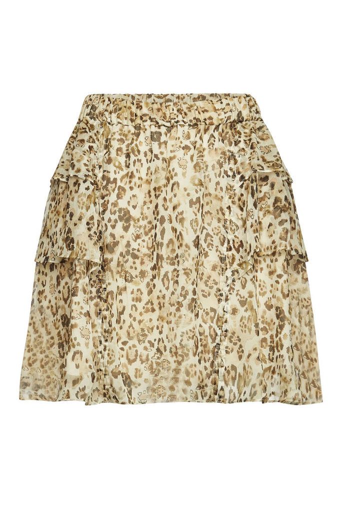 Iro Moody Animal Print Silk Mini Skirt with Ruffles