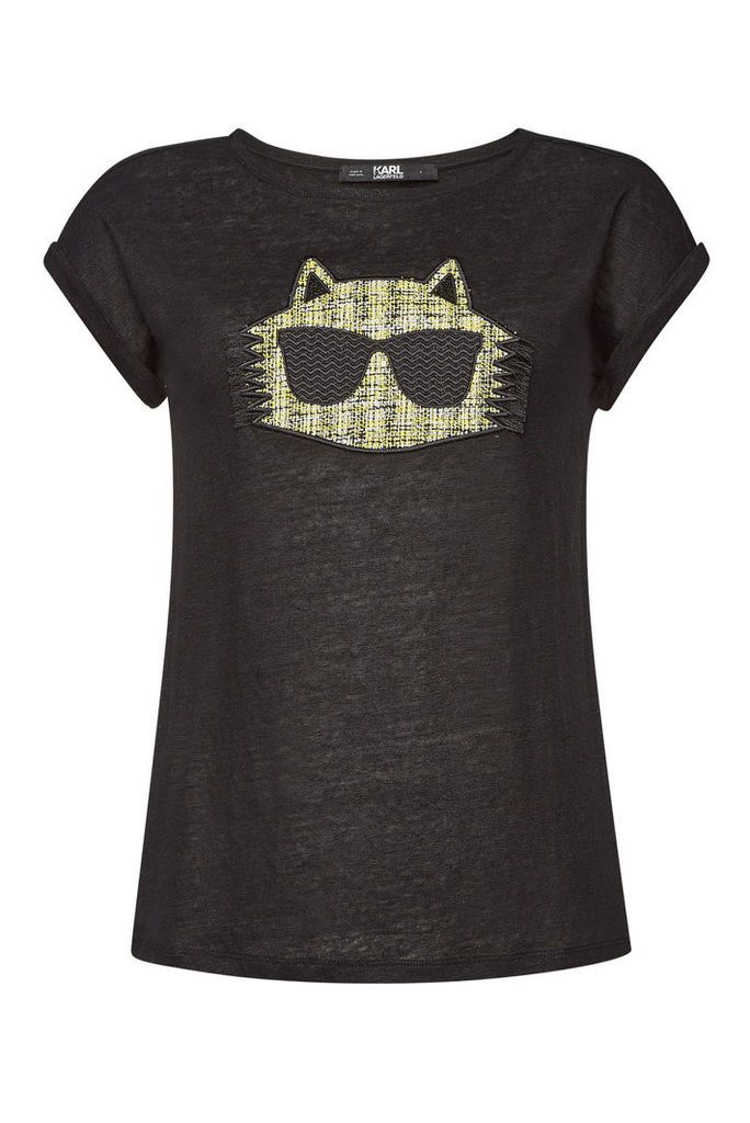 Karl Lagerfeld Choupette Boucle Embroidered Linen T-Shirt