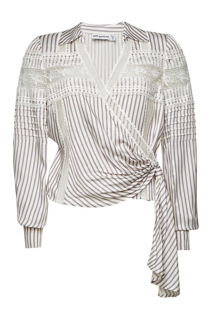 Self-Portrait Striped Wrap Top with Lace