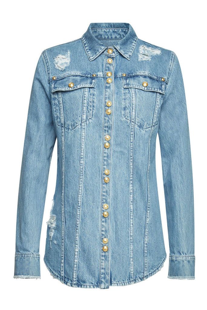 Balmain Distressed Denim Shirt with Embossed Buttons