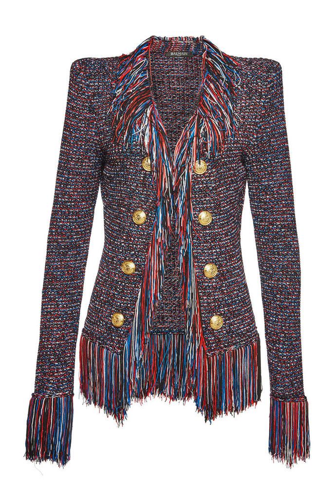 Balmain Fringed Knit Blazer with Embossed Buttons