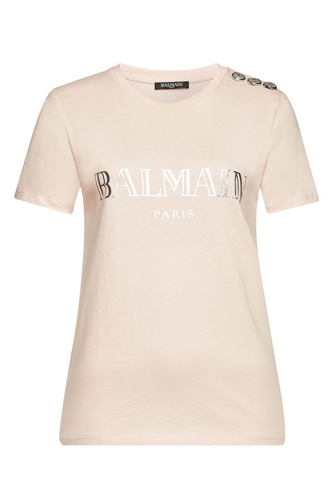 Balmain Printed Cotton T-Shirt with Embossed Buttons