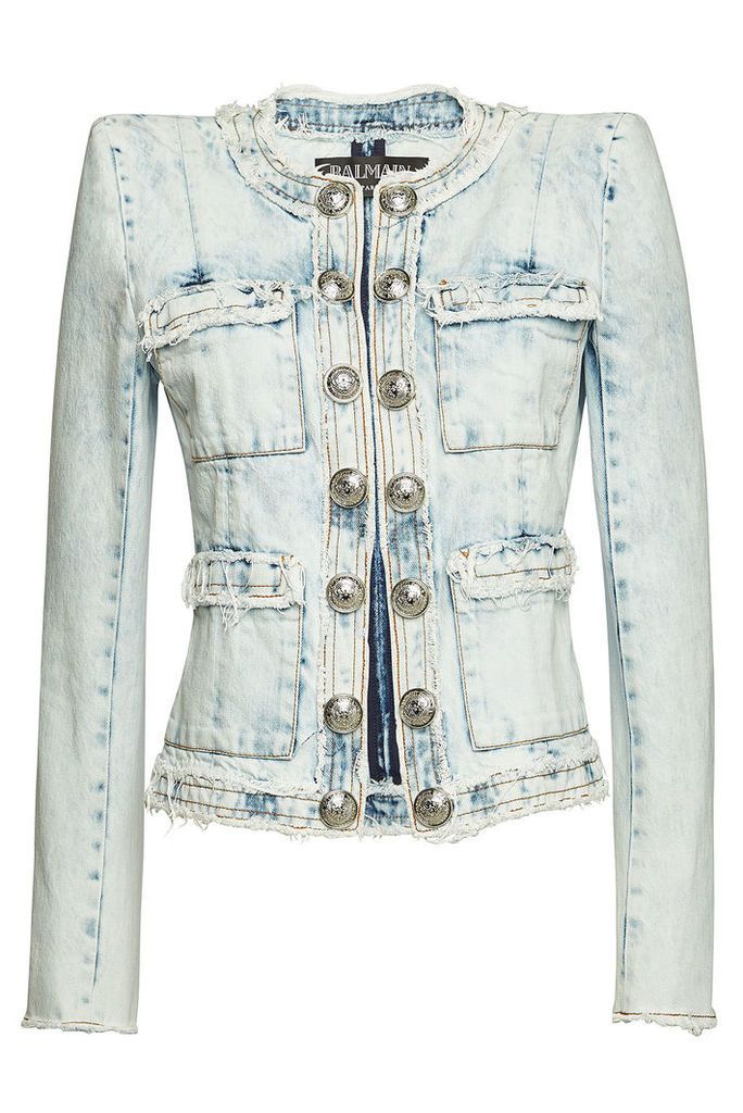 Balmain Distressed Denim Blazer with Embossed Buttons