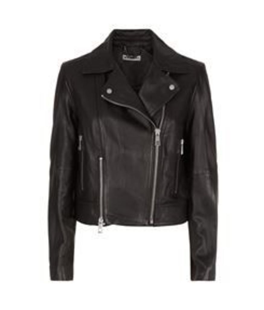 Cara Cropped Leather Biker Jacket Black