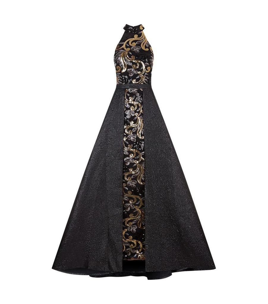 Sequin Swirl Halter Gown and Overskirt