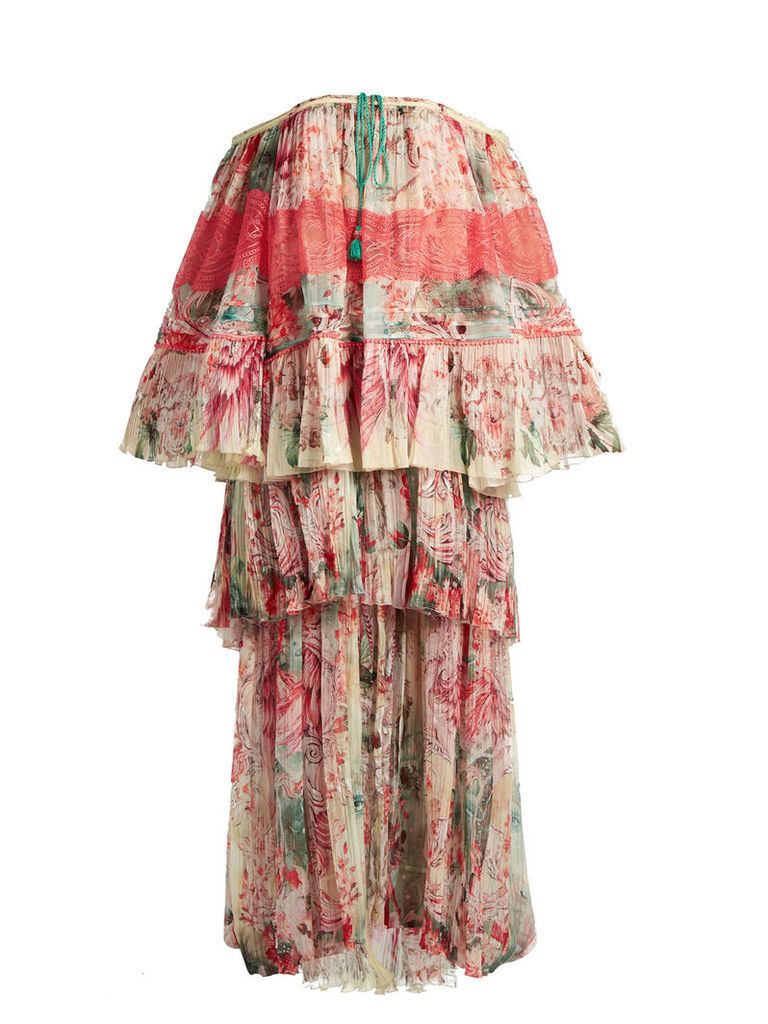 Phoenix-print tiered pleated silk-chiffon gown