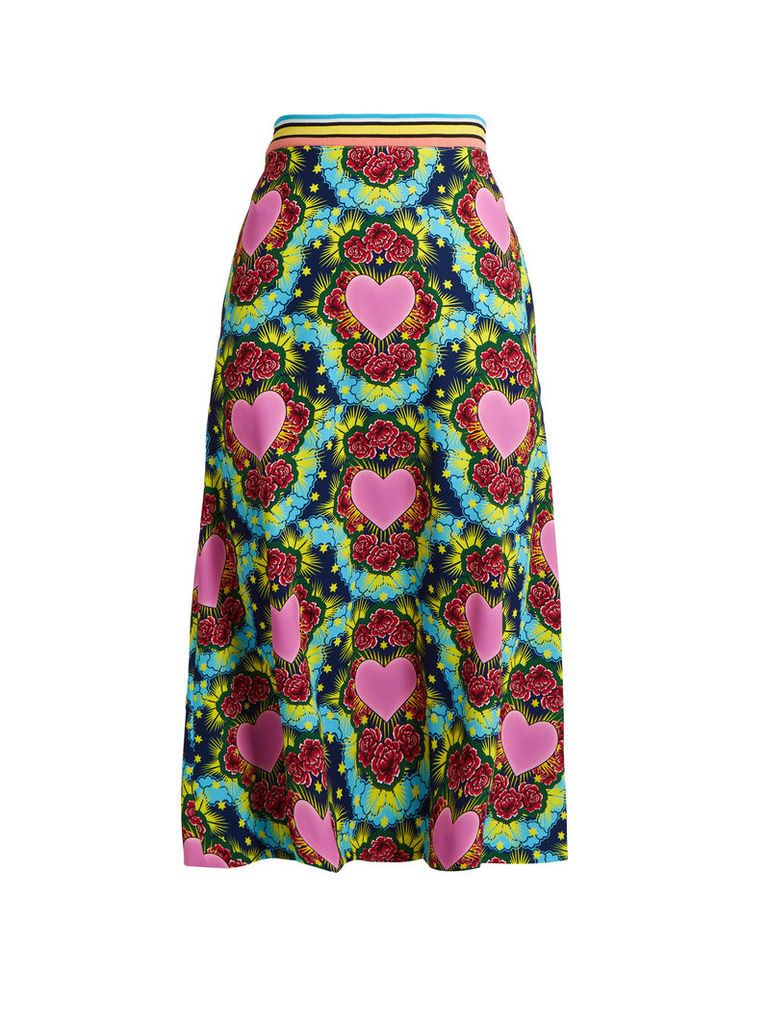 A-line heart-print crepe midi skirt