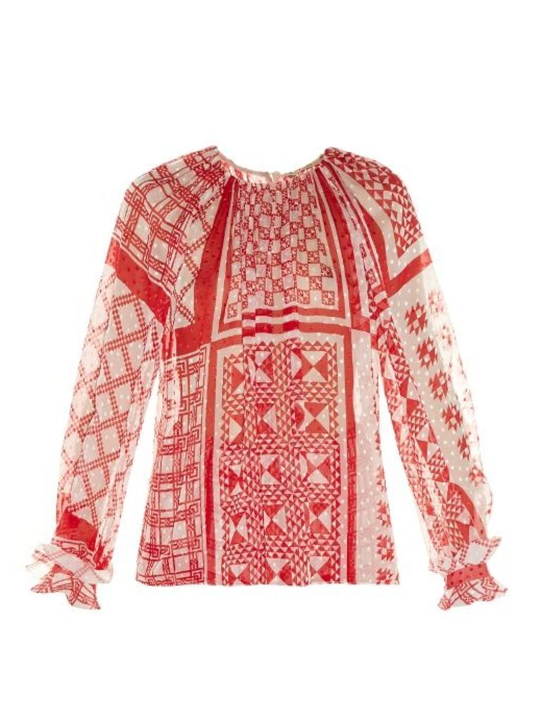Foulard-print plumetis-chiffon blouse