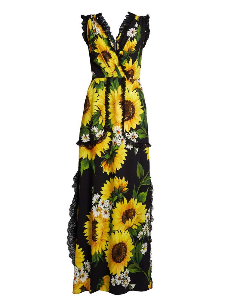 Sunflower-print cady gown