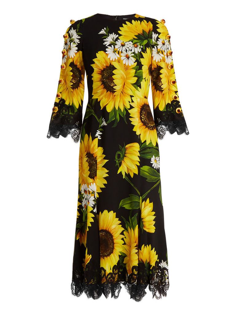 Sunflower-print cady midi dress