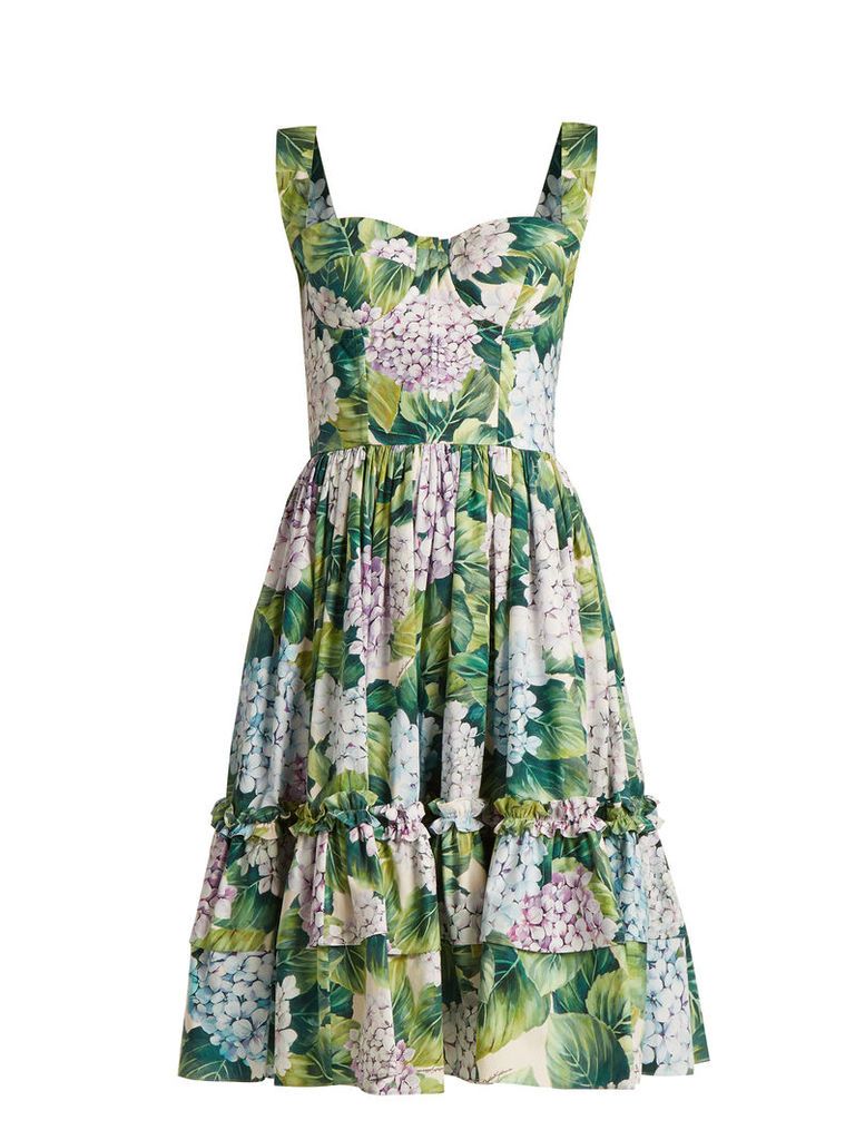 Hydrangea-print gathered-skirt cotton-poplin dress