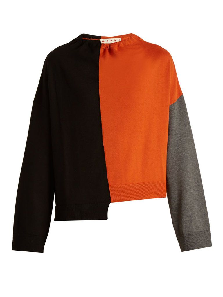 Tri-colour ruched-neck wool knit sweater