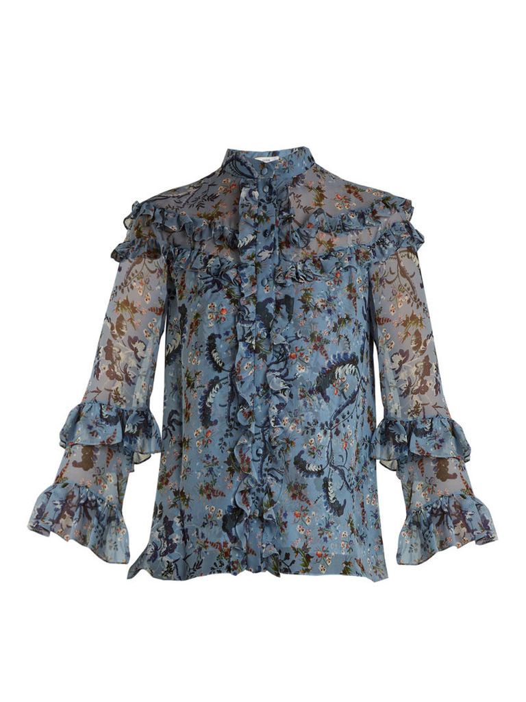 Margery Paisley Vine-print ruffled silk blouse
