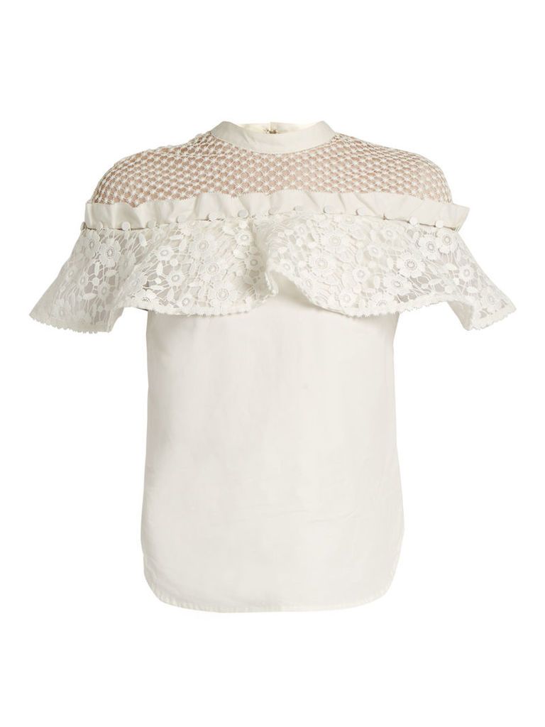 Hudson ruffled lace-panel cotton top