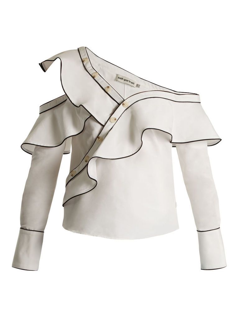 One-shoulder cotton and silk-blend shirt