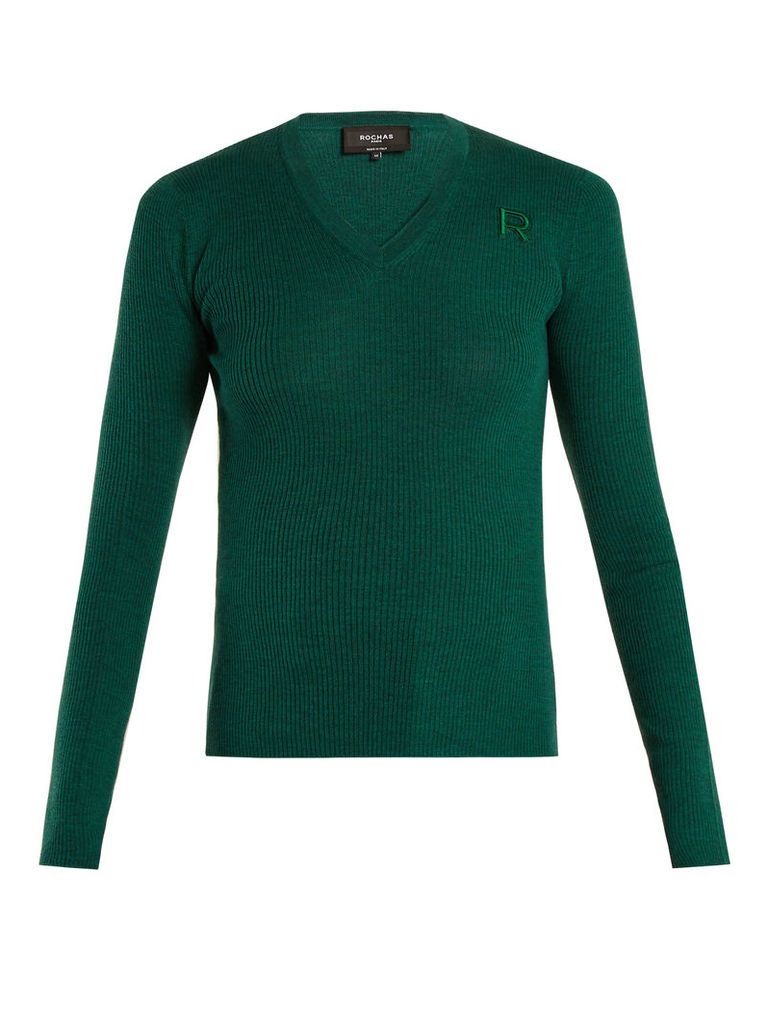 Logo-embroidered V-neck wool sweater