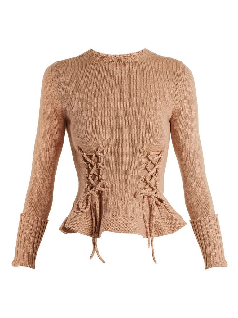 Lace-up fluted-hem wool-knit sweater