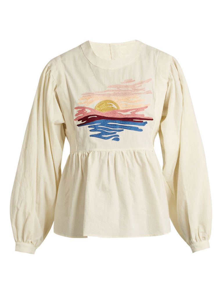 Sunset-embroidered long-sleeved cotton blouse