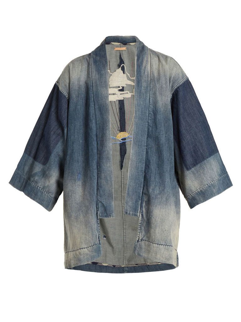 Sunrise-embroidered denim kimono jacket