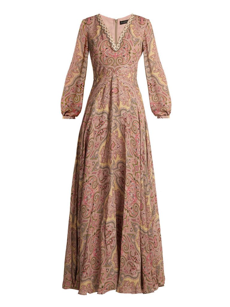 Paisley-print bead-embellished silk gown