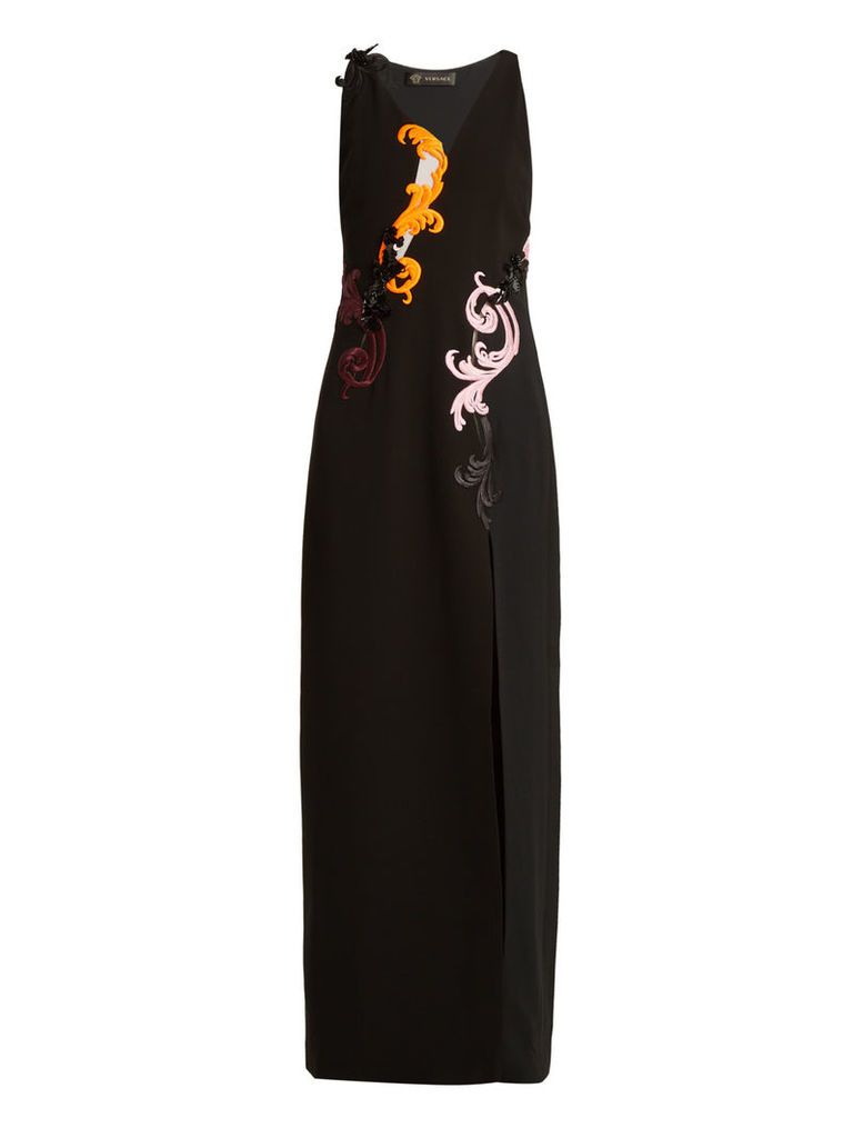Embroidered sleeveless silk-cady gown
