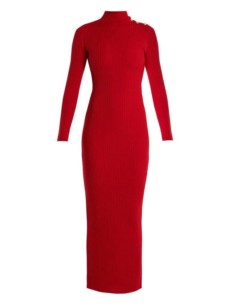 High-neck ribbed-knit wool dress