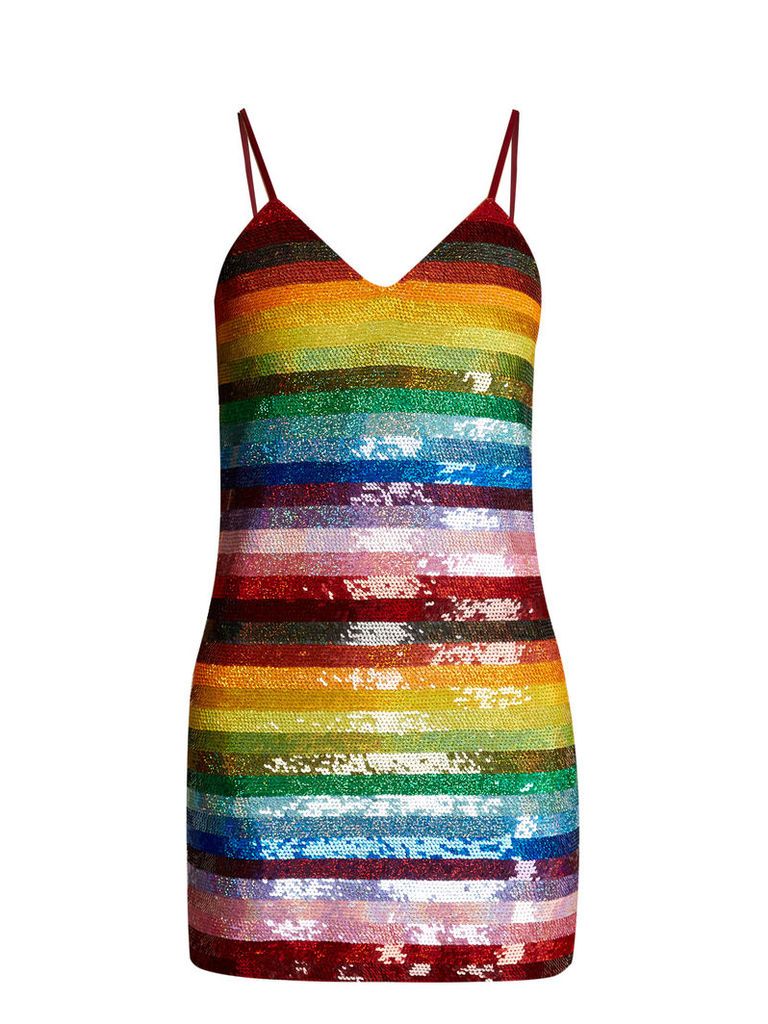 Rainbow-striped sequin-embellished silk mini dress