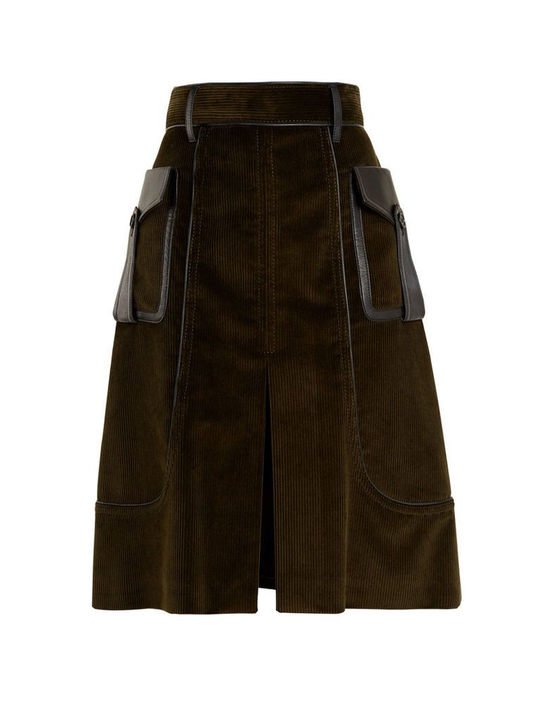 Prada - Slit Front Leather Trimmed Cotton Corduroy Skirt - Womens - Dark Green