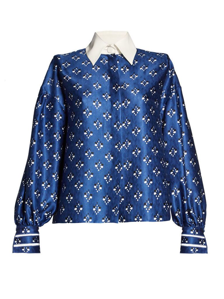 Contrast-collar geometric-print silk-faille blouse