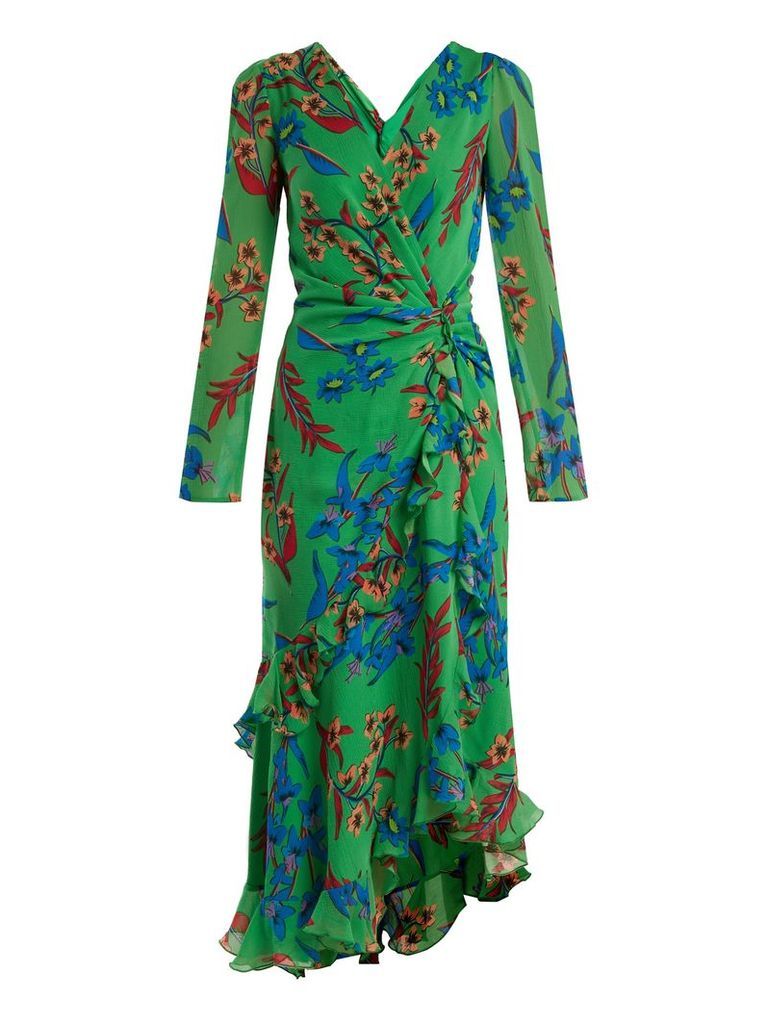 Floral-print V-neck silk dress