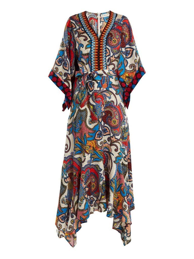 Graphic paisley-print embroidered silk dress