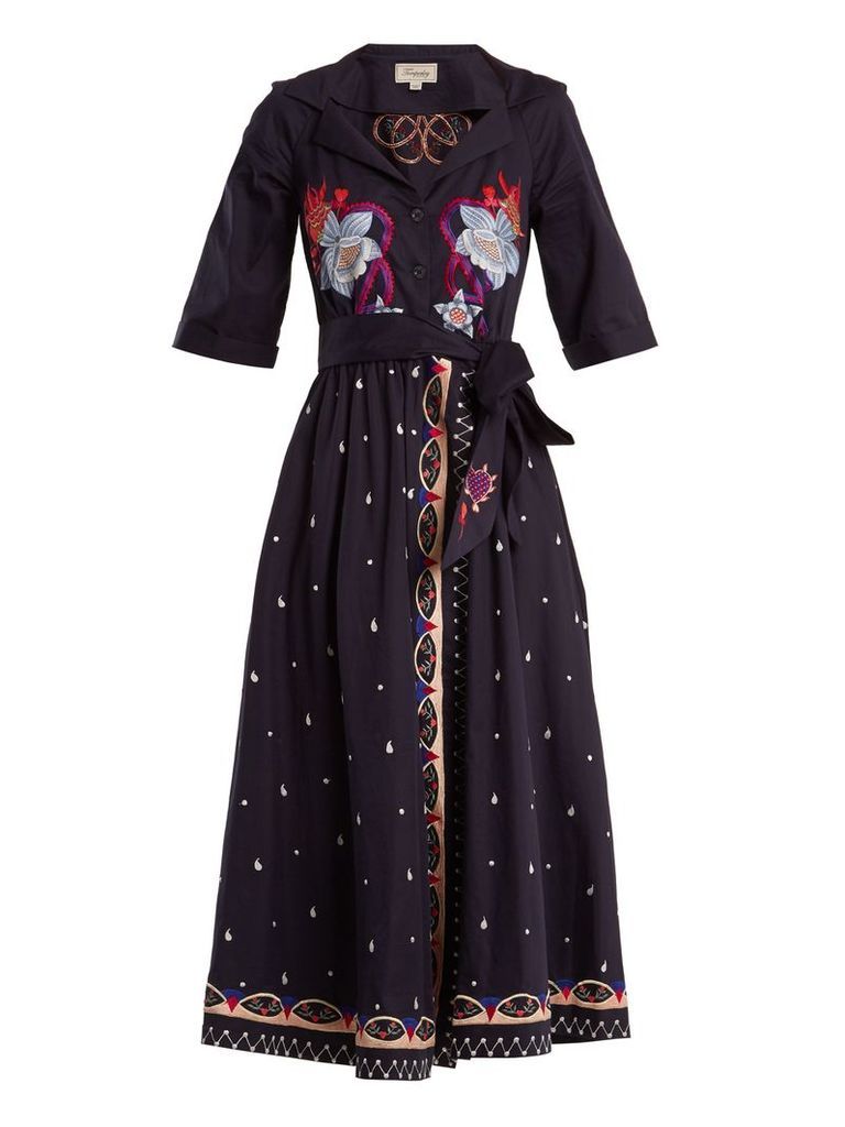 Divine floral-embroidered tie-waist cotton dress