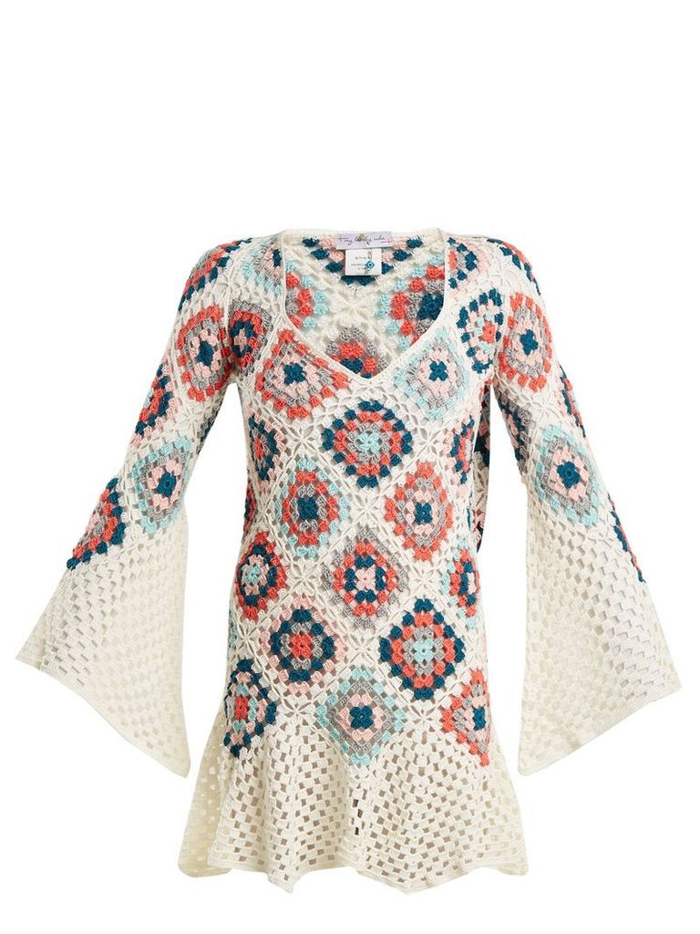Bisou V-neck crochet-knit cotton mini dress