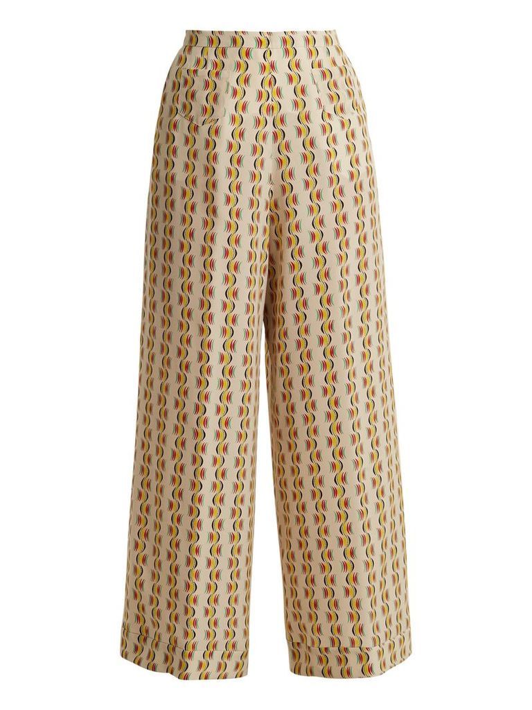 Wide-leg crescent-print silk trousers
