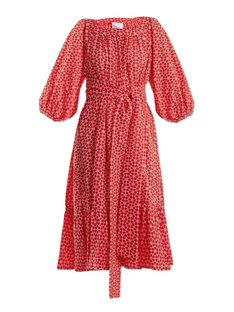 Floral-embroidered balloon-sleeve cotton dress